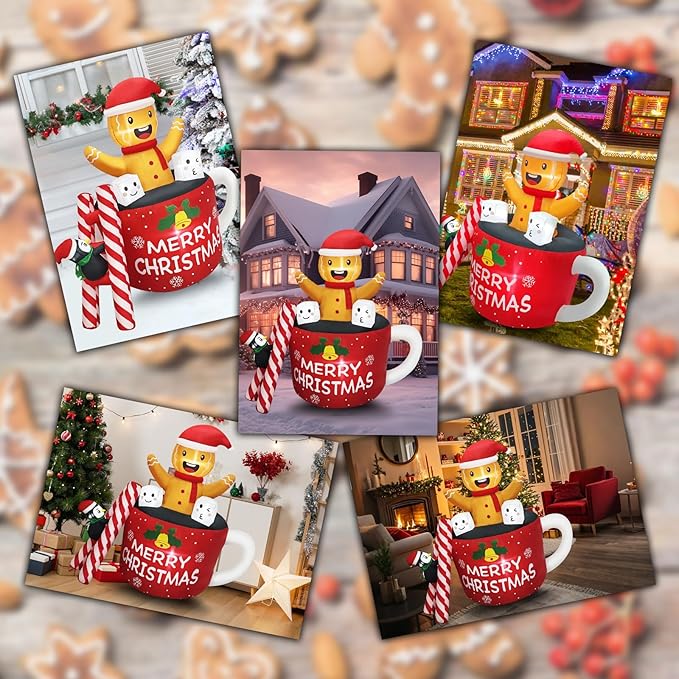 6FT Christmas Inflatables Outdoor Decorations, Navidad Blow Up Gingerbread Swiming in Hot Cocoa Mug Scene with Penguin Built in LED for Garden Lawn Xmas Decor Party