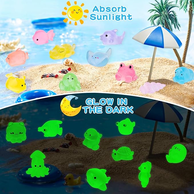 60 Pcs Luminous Mini Ocean Resin Animals 20 Style Bulk to Hide Tiny Sea Animals Figures Glow in The Dark Miniature Resin Turtles for DIY Dollhouse Garden Micro Landscape Aquarium Fish Tank Sea Decor