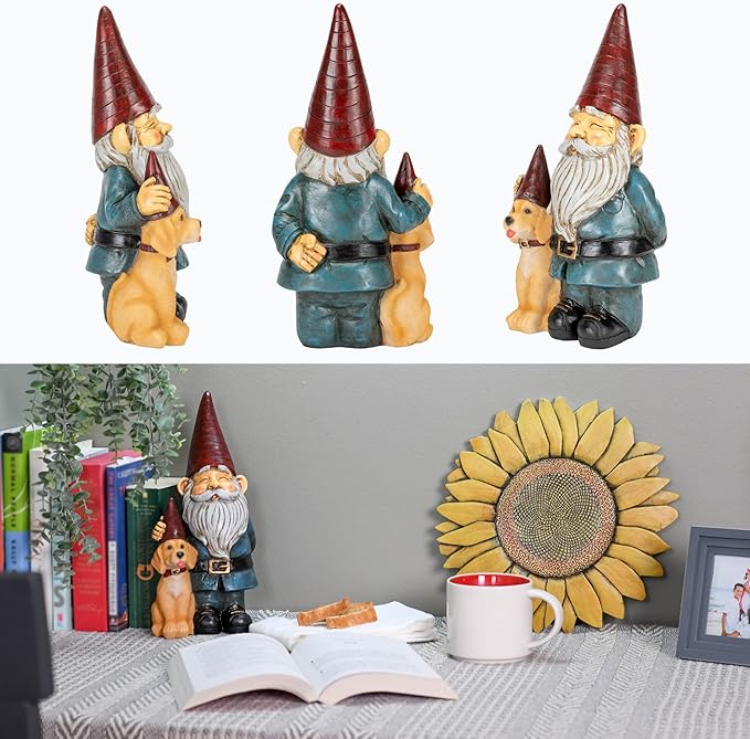 NAT & JULES Gnome 12 inch Resin Stone Garden Statue (Gnome and Dog Colorful)
