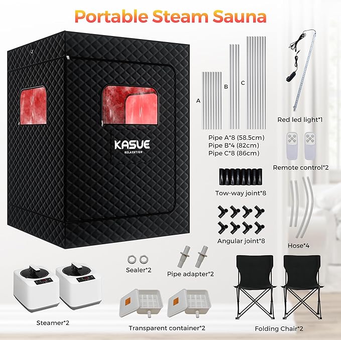Upgraded 2 Person Sauna Box, Portable Infrared Sauna with 5-Layer Waterproof, 2 Steamers, 2 Folding Chair, 71”x 36”x 49” for Indoor, Outdoor, Gym, Spa, Carbon Black