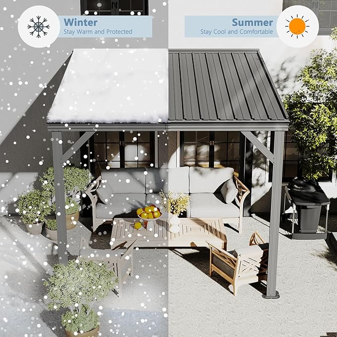 Domi 8’ x 8’ Wall-Mounted Hardtop Gazebo Pergola – Permanent Lean-to Outdoor Shelter with Sloped Galvanized Steel Roof & Upgraded Drainage – Grey Metal Patio Cover for Backyard, Deck, Garden