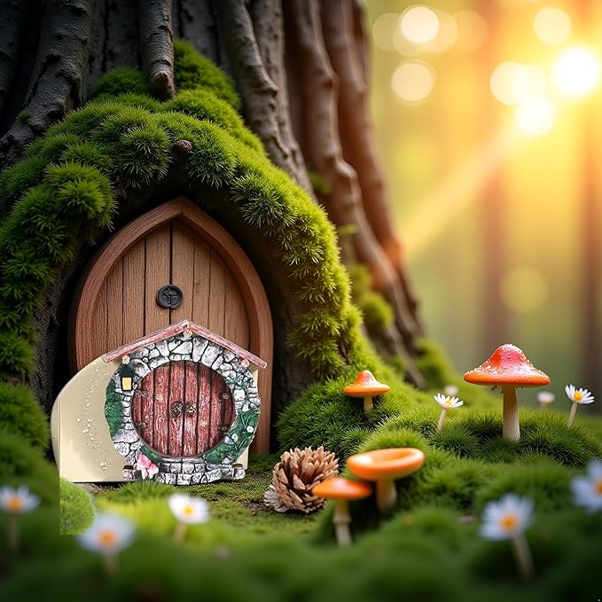 brownArchway Mini Fairy Garden Door for Tree, 3D Miniature Fairy Door for Fairytale Tiny House Doors, Bonsai Terrarium Micro Landscape Decoration Accessories Garden Miniatures