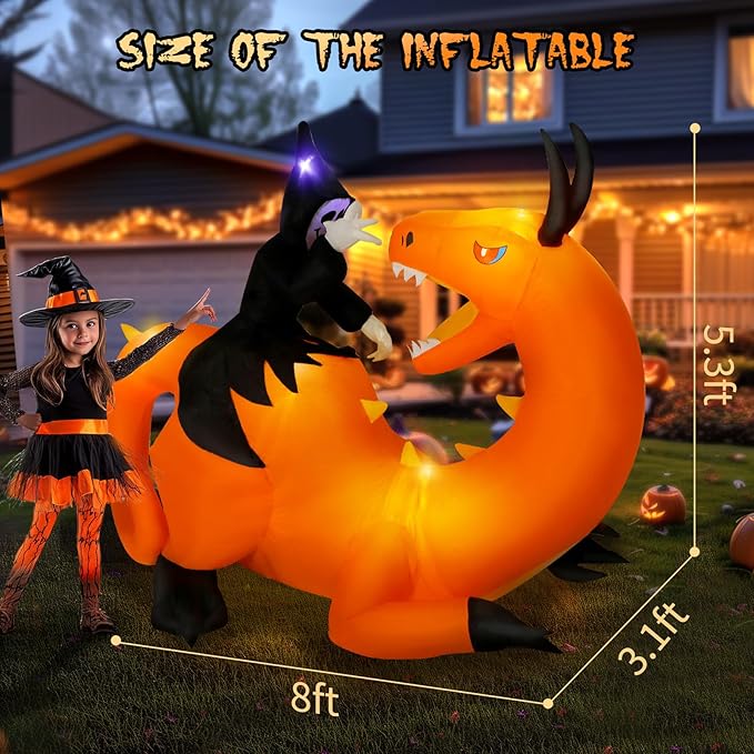 8FT Halloween Inflatables Dinosaur Outdoor Decoration, Grim Reaper Riding Dinosaur with 5 LED Lights Built-in Blow Up, Holiday Outside Decor for Yard Lawn Patio Garden Party