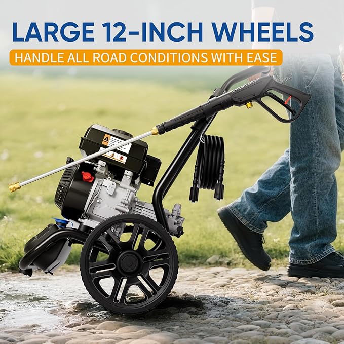 TOOLCY 3400 PSI Gas Pressure Washer, High-Performance 212cc OHV Engine, Reinforced Pump. Onboard Soap Tank, 30FT Hose, Spray Gun & 5 Nozzles, Max 2.8 GPM, Great for