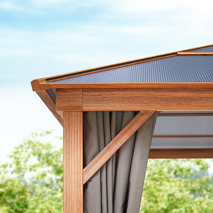 TOOLPORT Hardtop Gazebo 13x13 ft with Polycarbonate Roof - Wood-Like Finish - 4 Side Panels in Gray