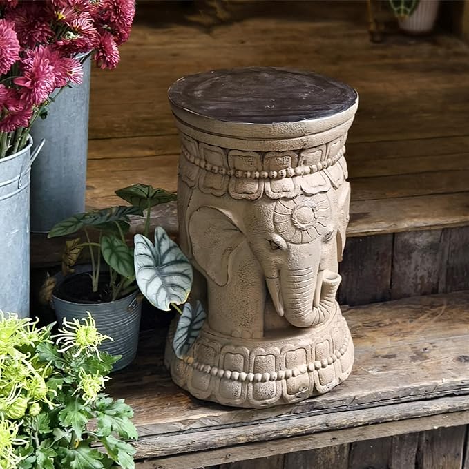 ZOEJADE Maharajah Elephant Lotus Statue Resin Stool Majestic Pedestal Sculpture Antique Buddha Collectibles Outdoor Garden Table Stand Holder for Home Courtyard Lawn Patio Decor Indoor Good Luck