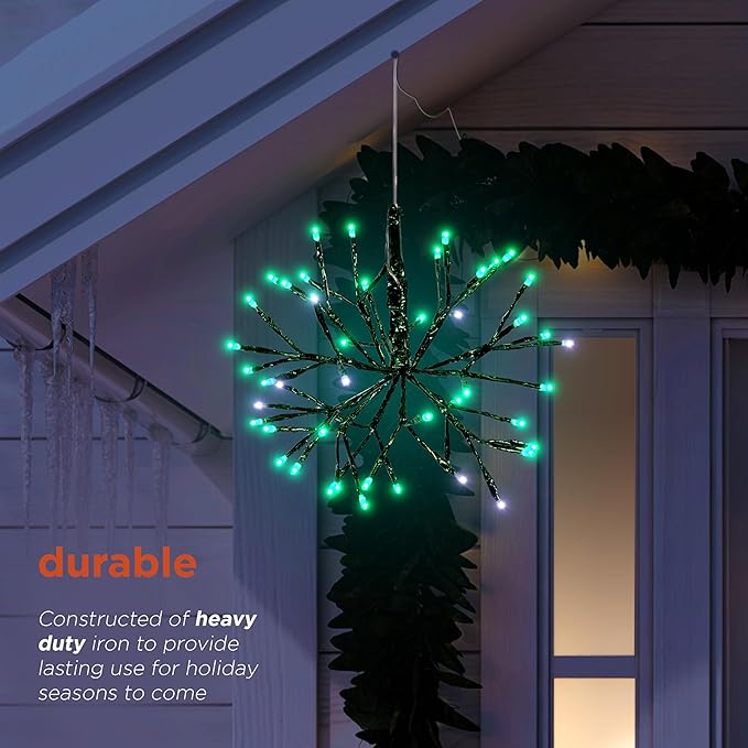 Alpine Corporation 10" H Indoor Christmas Twig 3D Hanging Snowflake Ornament with LED Lights, Green, Christmas Decoration (Pack of 4)