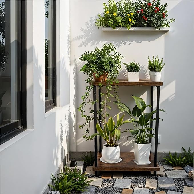 2 Tier Metal Sturdy Heavy Plant Stand, Narrow Plant Stand Indoor and Outdoor L19.68 x W11.81 x H27.55 inch， Capacity & Heavy Duty Construction