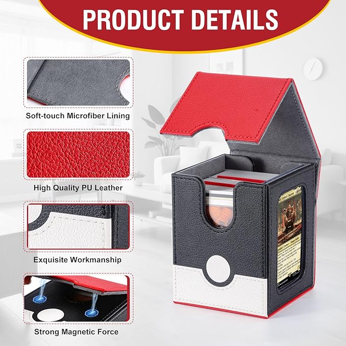 Collectible Trading Card Storage, Magnetic Card Deck Box, Magic Card Storage Box, MTG Deck Box with One Window (Red/White/Black)