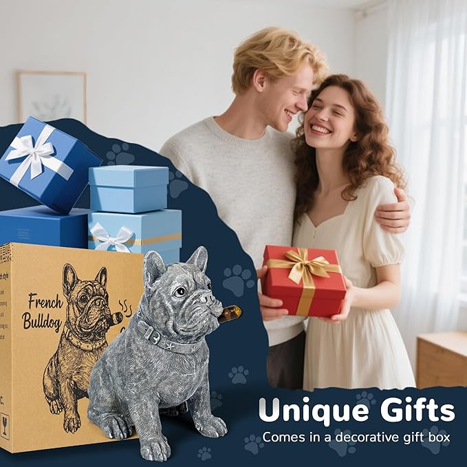 Dog Solar Garden Statue with LED Light - Outdoor Yard, Lawn, Patio French Bulldog Decor - Unique Birthday Housewarming Gift for Dad, Mom, Men, Women