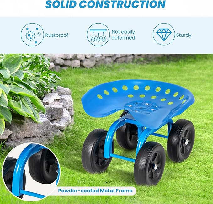 LDAILY Garden Seat with Wheels, Heavy-Duty Utility Stool Cart with Adjustable 11"-16" Height & 360° Rotatable, Rolling Garden Cart with Seat for Lawn Planting, Yard Work, Patio Gardening (Blue)