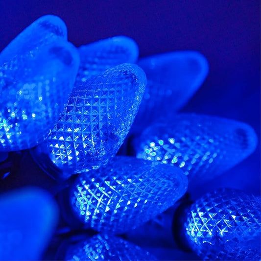 C7 LED Faceted Blue Prelamped Light Set, Green Wire - 25 C7 Blue LED Christmas Lights, 8" Spacing