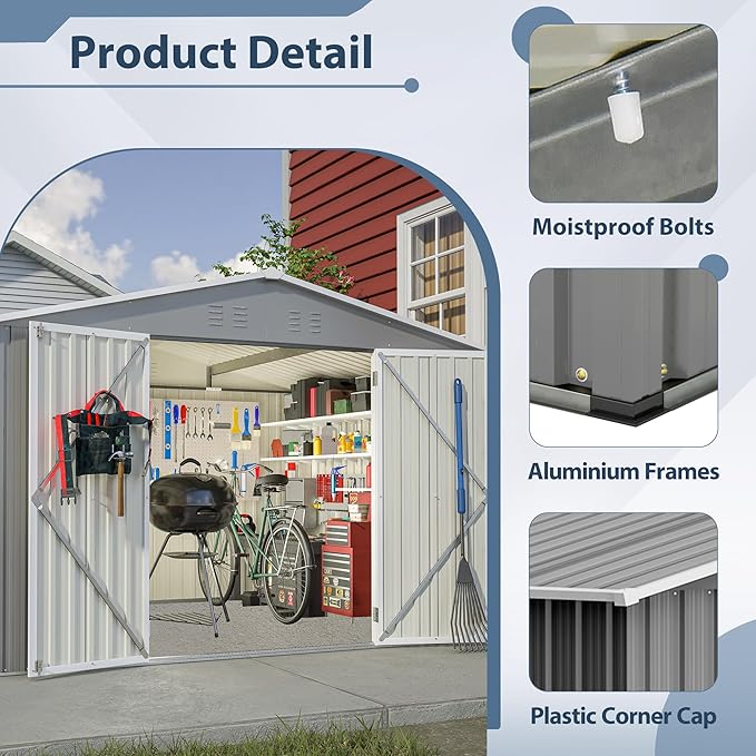 10X8 FT Outdoor Storage Shed, All Weather Metal Sheds withLockable Doors, Tool Shed for Garden, Patio, Backyard, Lawn, Silver Gray