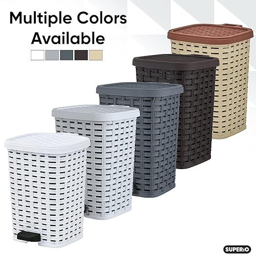 Superio Mini Trash Can with Foot Pedal Small Outdoor Garbage Can with Lid, 1.5 Gallon Plastic Waste Basket for Bathroom, Bedroom, Kitchen, Office, Patio (Wicker Brown 6 QT.)