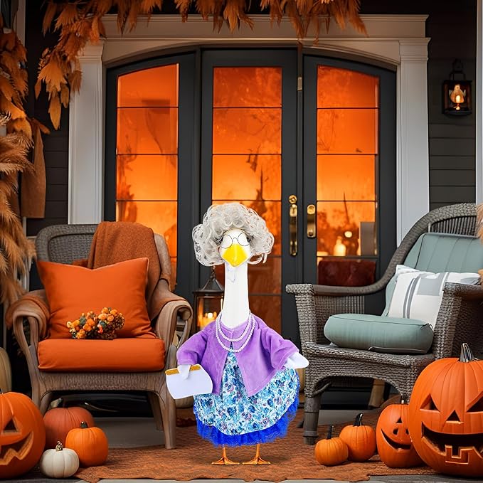Abbylike Halloween Porch Goose Outfits Old Lady Goose Clothes with Sunglasses Pearl Necklace and Silver Wig for 23" Geese Halloween Outdoor Patio Yard Lawn Decoration