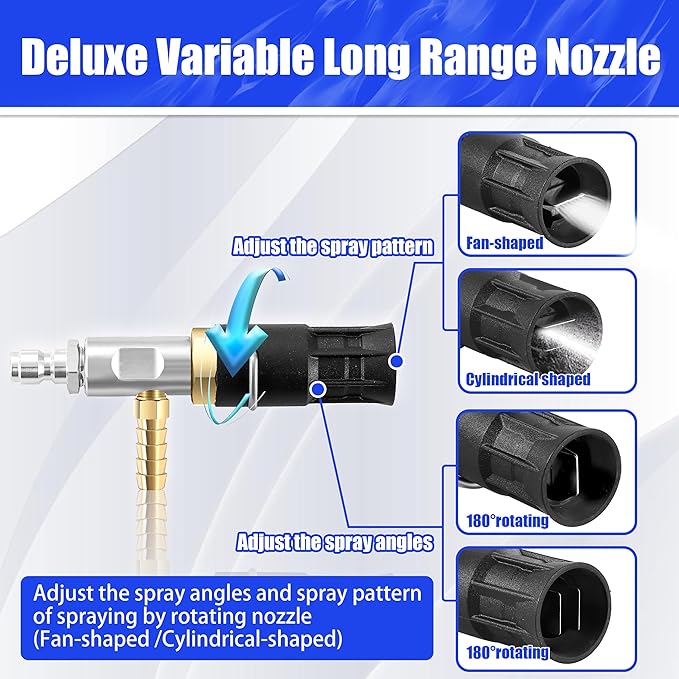 Adjustable Long Range Nozzle for Pressure Washer 2-2.5 GPM, Downstream Injection Spray Nozzle Kit, High Power Washing External Chemical Injector with 1/4” Quick Connect, 2000 to 3000 PSI