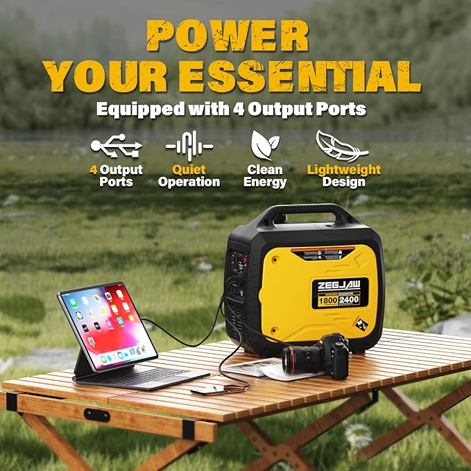 Quiet and Lightweight 2400W Portable Inverter Generator for Home Use, Small Generator for Camping Outdoor Emergency Power Backup, Gas Powered Engine, CO-Sensor, EPA, ECO Mode