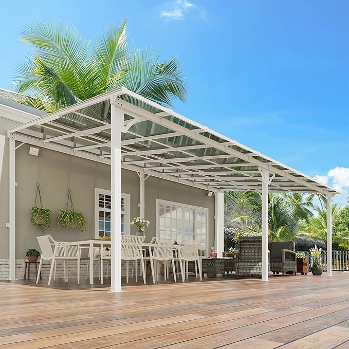 MEISSALIVVE Wall Mounted Lean to Metal Awnings - 12' x 20' White Sloped Roof Gazebo Pergola for Backyard Deck Patio, White