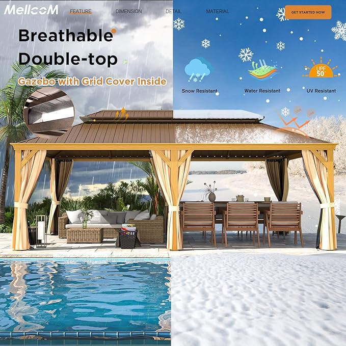 MELLCOM 14' x 22' Gazebo, Hardtop Gazebo Wood-Looking with Galvanized Steel Double Roof, Aluminum Frame, Outdoor Permanent Metal Pavilion with Netting and Curtains for Deck, Backyard, Patio and Lawns