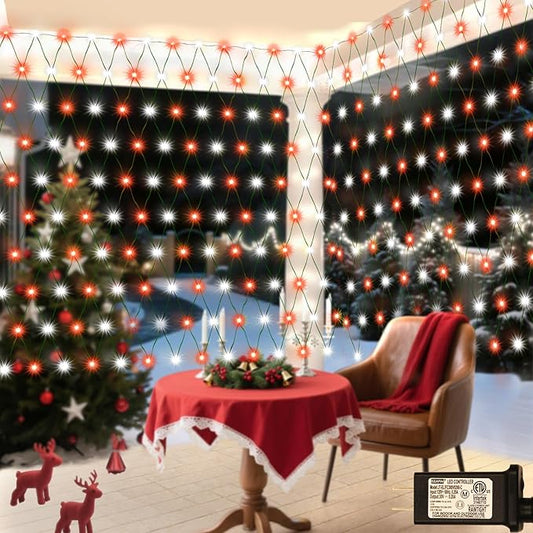 Red White Net Lights Christmas Decorations, 21ft x 5ft 360LED Mesh Lights Outdoor Green Wire 8 Modes Timer, Waterproof Connectable String Lights for Bushes Xmas Tree Garden Holiday Party