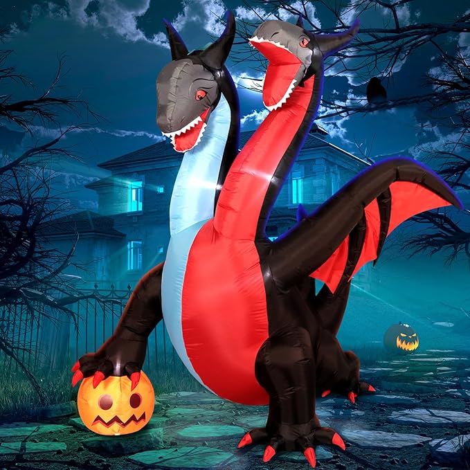 DomKom Halloween Inflatable Blow Up Decorations, 8FT Giant Two-Headed Dragon with Pumpkin, Built-in LEDs for Holiday Party, Garden, Lawn, Yard, Patio Décor