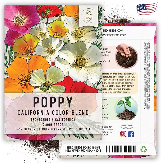 Seed Needs Mixed California Poppy Seeds for Planting - Heirloom & Open Pollinated Tender Perennial - Colorful Mixture of Flowers to Plant a Butterfly Garden (2 Packs)