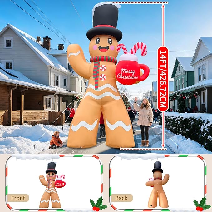 2025 Giant Christamas Inflatable Gingerbread 14FT Giant Gingerbread Man with Mug Christmas Inflatables Outdoor Decoration Xmas Blow Up Yard Decor with Built-in 7 LED for Holiday Party Yard Garden Lawn