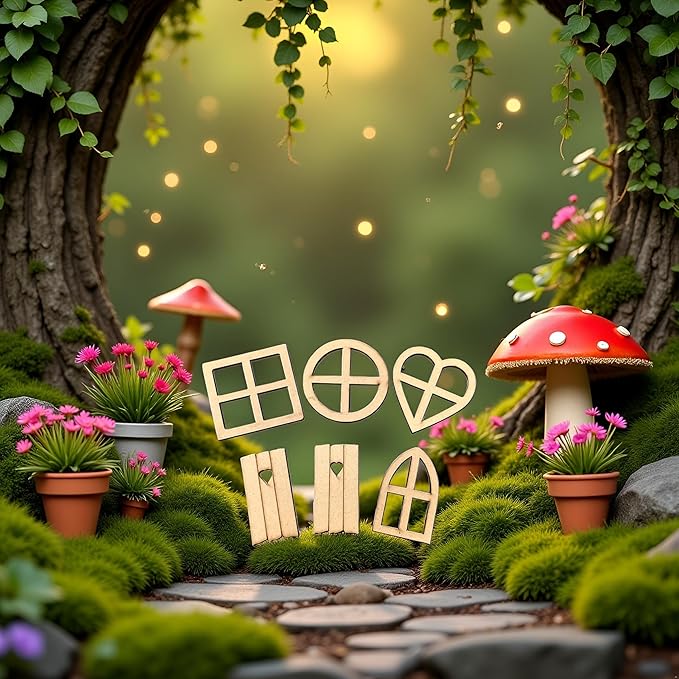 12Pcs Brown Wooden Fairy Garden Door,Blank Doors Fairy House Door and Windows Ornaments Tree Statues for Tree Trunk Yard Decoration Miniature Garden Buildings and Structures