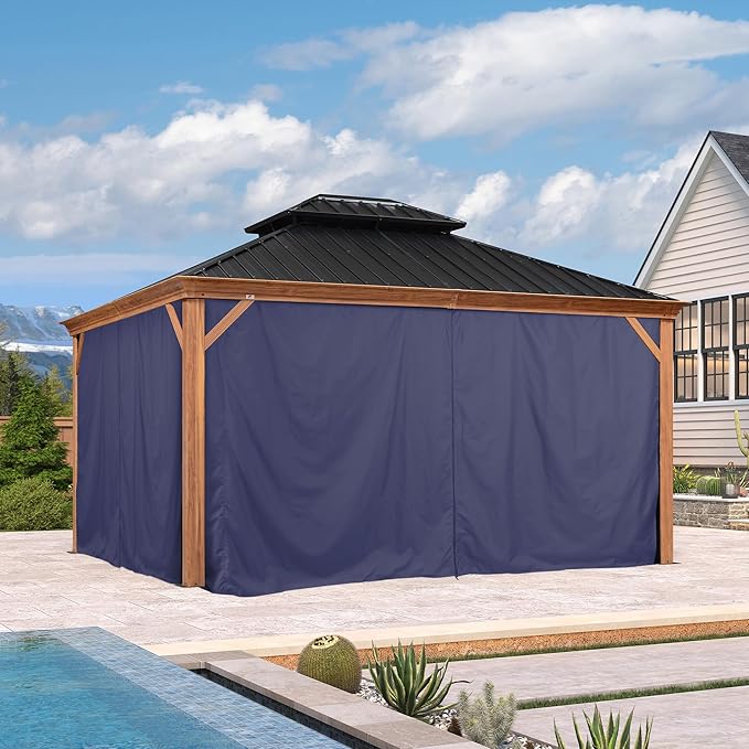 PURPLE LEAF 12' X 14' Outdoor Hardtop Gazebo for Patio Galvanized Steel Double Roof Permanent Canopy Teak Finish Coated Aluminum Frame Pavilion Gazebo with Netting and Navy Blue Curtains