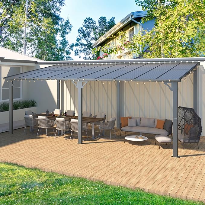 AECOJOY 20' x 10' Outdoo Gazebo for Patio, Large Wall-Mounted Pergolas and Gazebos Clearance Hard Top 10x20 Lean to Metal Gazebo Shelter Patio Roof, Heavy Duty Awnings for Patio, Decks