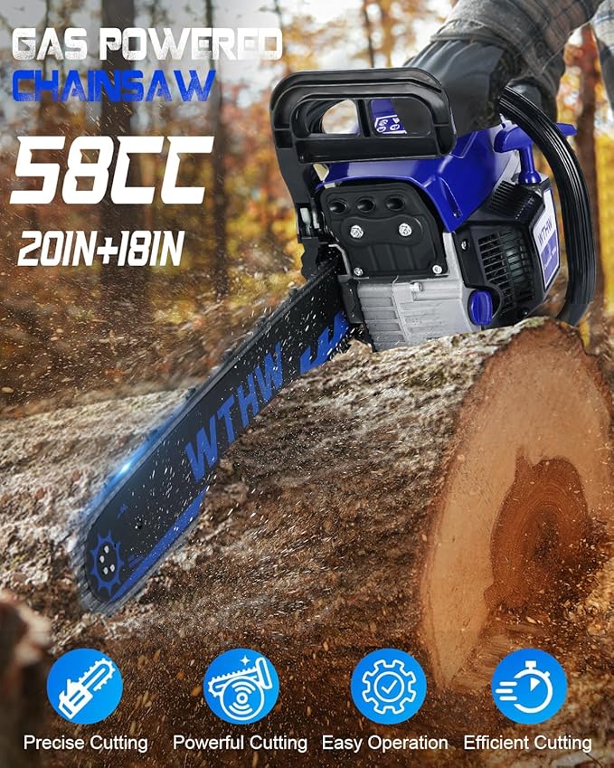 58 cc Gas Powered Chainsaw, 20 in & 18 in Quick-Switch Bars – 550 ml Fuel 260 ml Oil Tanks, Automatic Chain Oiler, Centrifugal Air Filter, Quick Start, Inertial Chain Brake (WH5808)