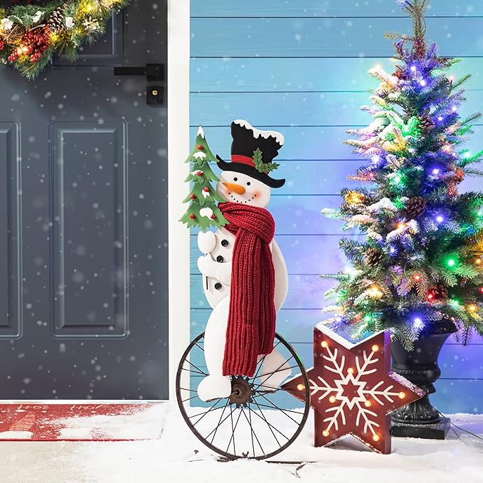 Glitzhome 32”H Metal Snowman Porch Décor Bike Wheel Cute Snowman with Red Scarf Hat Christmas Tree Garden Yard Porch Sign Indoor Outdoor Christmas Decorations