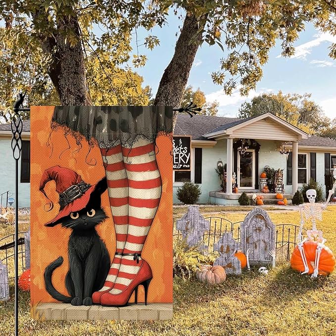 Witch's Black Cat Garden Flag Halloween Holiday Garden Flag Vertical Double Sided Rustic Farmland Burlap Yard Lawn Outdoor Decor 12.5x18"
