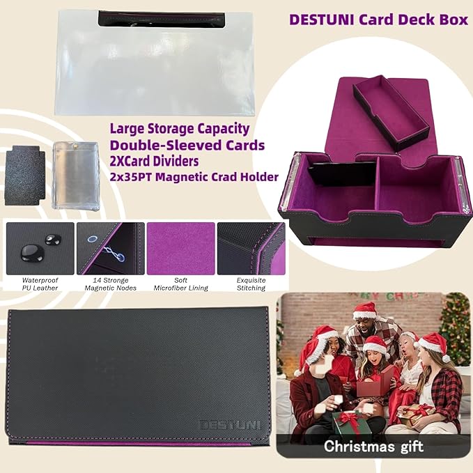 Card Deck Box for mtg – Fits 100+ Double-Sleeved Cards, Dual Commander Display with Dice Tray, PU Leather Organizer for TCG, CCG, Sports Cards (Black&Purple)