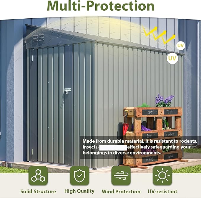 4x7 Ft Outdoor Storage Shed - Heavy Duty Metal Garden Shed, Galvanized Steel with Weather Protection, Lockable Tool & Bike Storage, Space-Saving Lean-to Design for Backyard (Olive Gray)