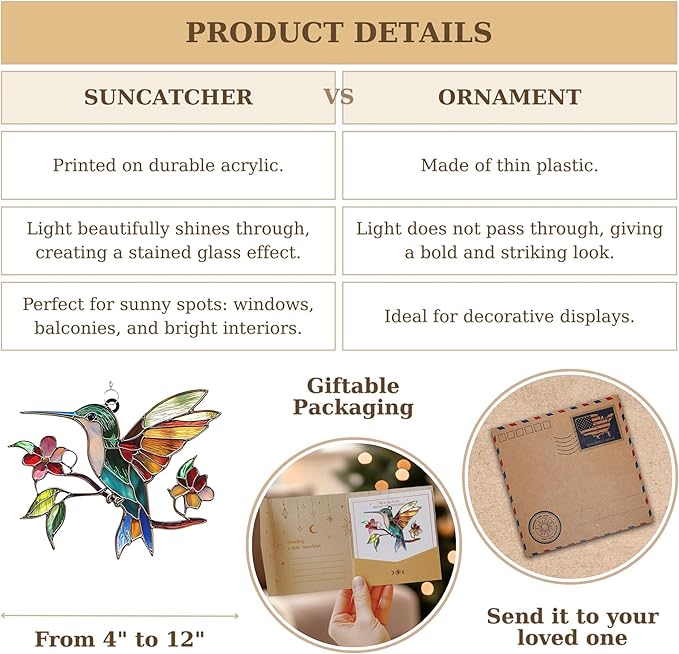Hummingbird and Flower Acrylic Suncatcher Stained Glass Effect Window Car Hanging Christmas Ornament Indoor Outdoor Decor Garden Sun Catcher Panel for Bird Lover for Women Mom Grandma