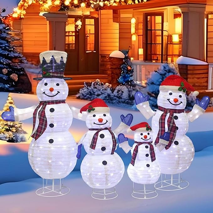 4-Piece 3D Lighted Snowman Family Set Outdoor Christmas Decorations Weather-Resistant Christmas Collapsible Snowmen Yard Decor for Yard Patio with LED Lights & Stakes
