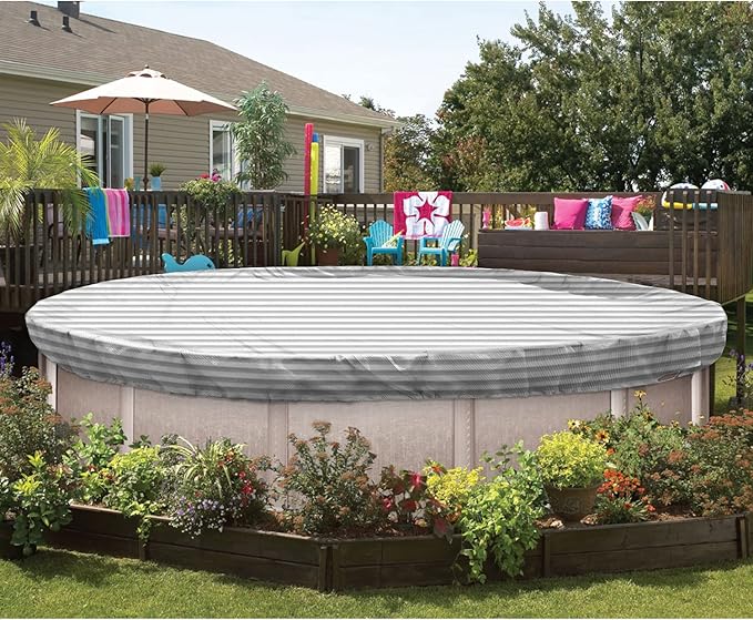 ECOOPTS 17 ft Round Pool Cover for Above Ground Pools, Swimming Pool Cover Protector Winter Safety Cover (Gray White Stripes)