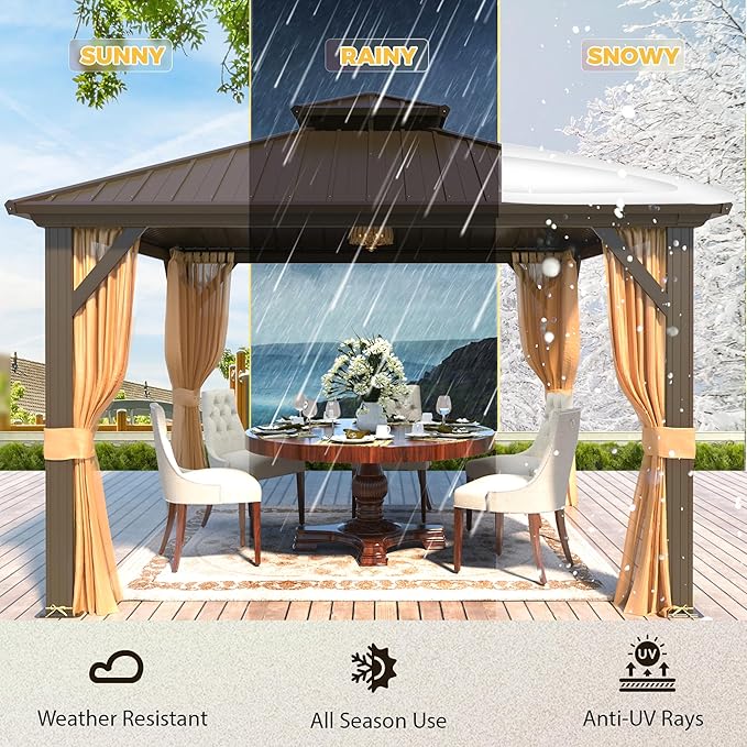 YOLENY 12' x 12' Gazebo Hardtop with Aluminum Frame,Galvanized Steel Double Roof Gazebos with Curtain and Netting,Outdoor Metal Pergolas for Garden, Lawn, Deck, Brown