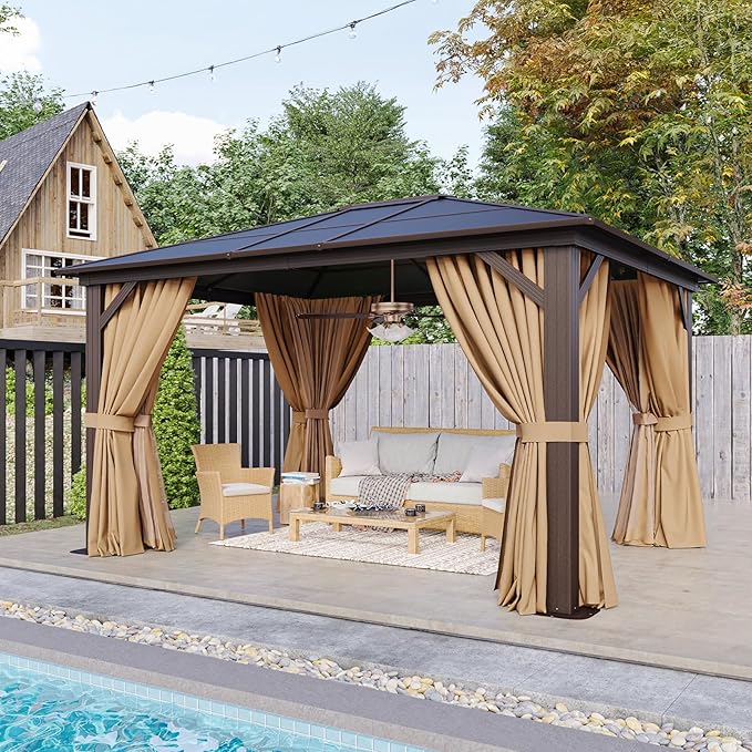Aoxun 10' x 12' Gazebo Single Polycarbonate Top, Outdoor Aluminum Frame Permanent Gazebo with Curtains and Netting, for Patio, Party, Backyard, Garden and Lawn