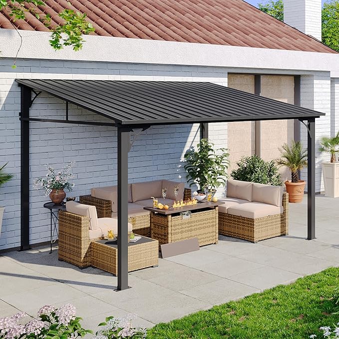 Aoxun 10' x 12' Lean to Gazebo, Hardtop Outdoor Pergola with Sloping Galvanized Steel Roof, Large Wall-Mounted Heavy Duty Awnings for Patio, Backyard, Deck, Porch (Black)