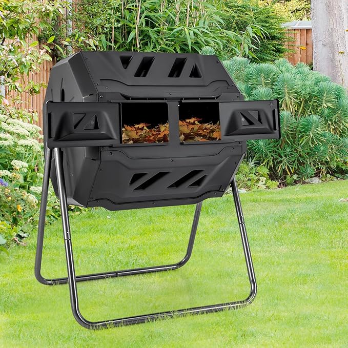 S AFSTAR Composter Tumbler Outdoor, 42-Gal Dual Chamber Tumbling Composter with 2 Sliding Doors, Metal Frame, BPA-Free Large Rotating Compost Bin Tumbler for Garden Yard Waste (Black)