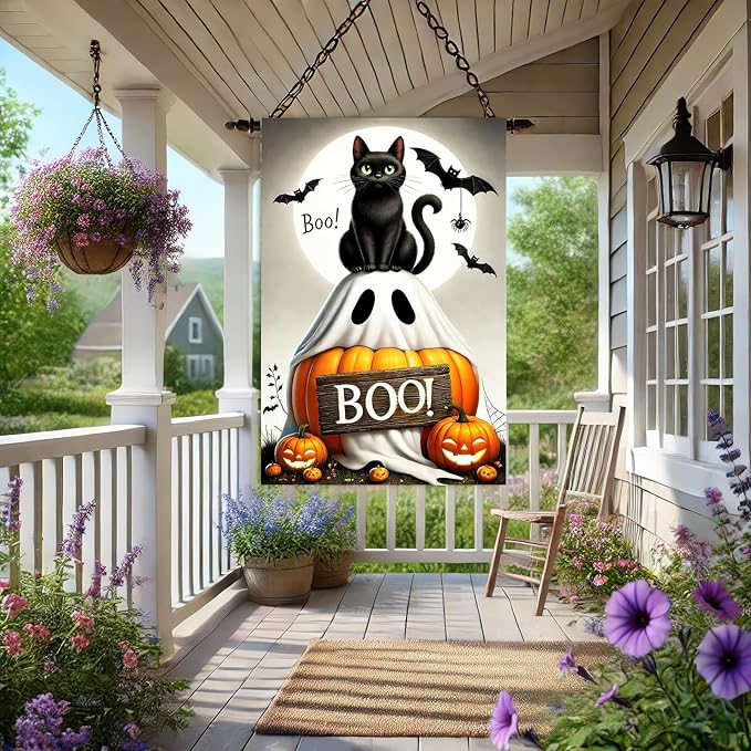 Halloween Garden Flag 12x18 inch Double Sided Boo Black Cat Flags Pumpkin Banner Spooky Bat Moon Small Yard Flag for Fall Outdoor Halloween Party Decoration
