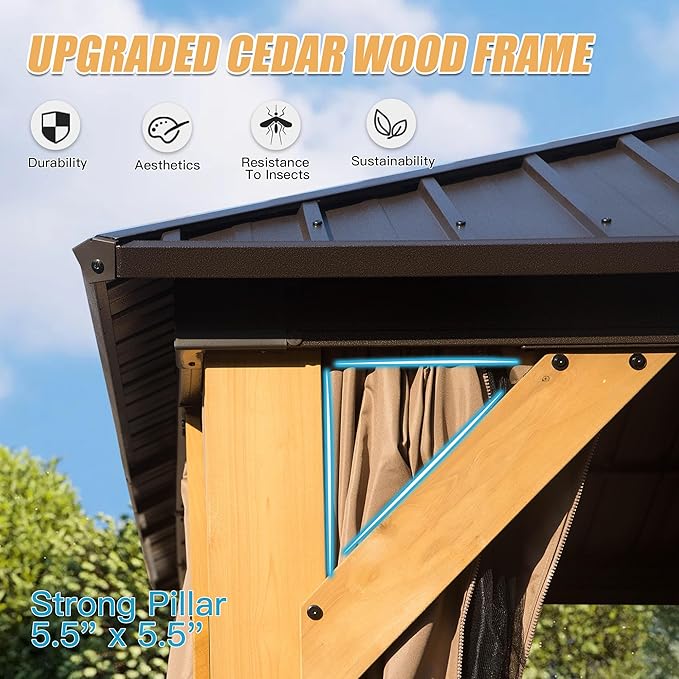 Domi 12' X 16' Wood Gazebo, Cedar Frame Hardtop Gazebo with Galvanized Steel Double Roof, Netting & Curtains, Patio Pergola Pavilion for Patio, Backyard, Deck, Lawns