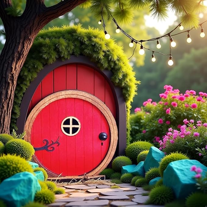 Red Fairy Garden Door for Trees, Outdoor Mini Garden Sculpture Ornament, Tree Trunk Fairytales Door Decoration
