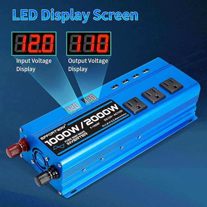 1000W Pure Sine Wave Inverter DC 12V to AC 110V/120V Converter 2000w (Peak) Car Power Converter with 3 AC Outlets, 4USB Port,Power Inverter for Car, Truck, Home, Vehicles, Laptop