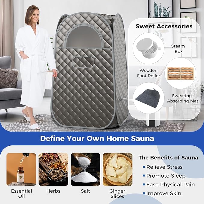 Giantex Portable Sauna, Full Body Steam Sauna w/ 3L Steam Box, Remote Control, Wood Foot Roller & Foldable Chair, Pop-Up Sauna Box for Single Person, Lightweight Personal Sauna Tent for Home (Gray)