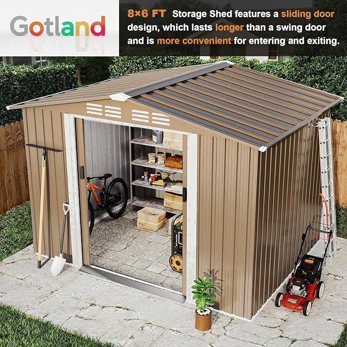 Gotland 8FT x 6FT Sheds & Outdoor Storage, Metal Shed with Sloped Steps Waterproof Sloped Roof, Storage Shed with 2 Lockable Slide Doors, Outdoor Shed for Backyard Patio Lawn Brown