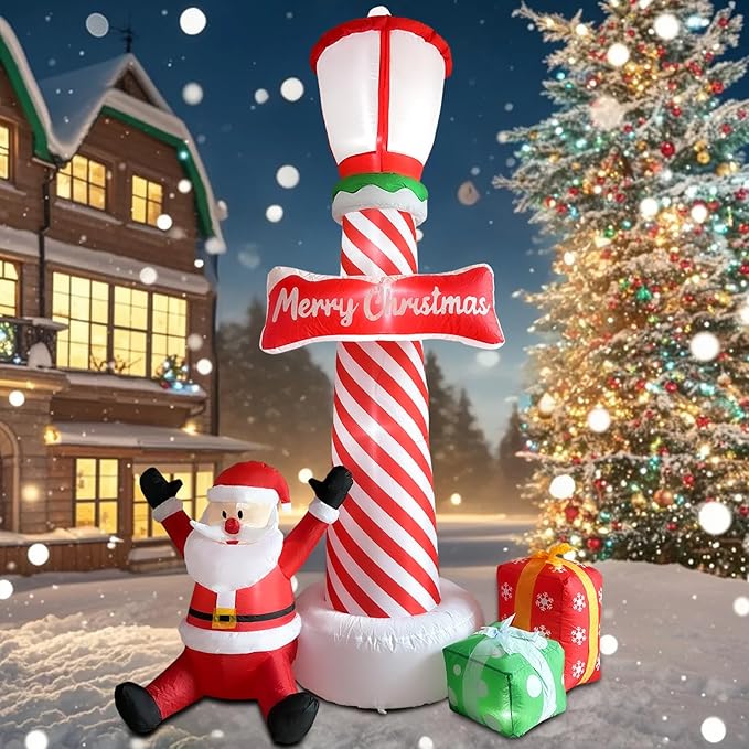 ZXSWONLY 8.1ft Christmas Inflatable Lighthouse with Santa Claus and Gift Box, Christmas Inflatable Lighthouse with Built-in LED Lights for Holiday Party Outdoor Garden Yard Lawn Decoration