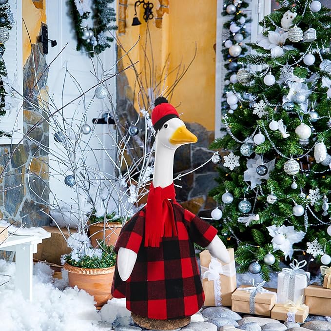 Christmas Red and Black Buffalo Plaid Goose Outfit Clothes for 23" High Cement or Plastic Goose Lawn Clothing Porch Garden Costume for Yard Outdoor Patio Statue Xmas Holiday Decor